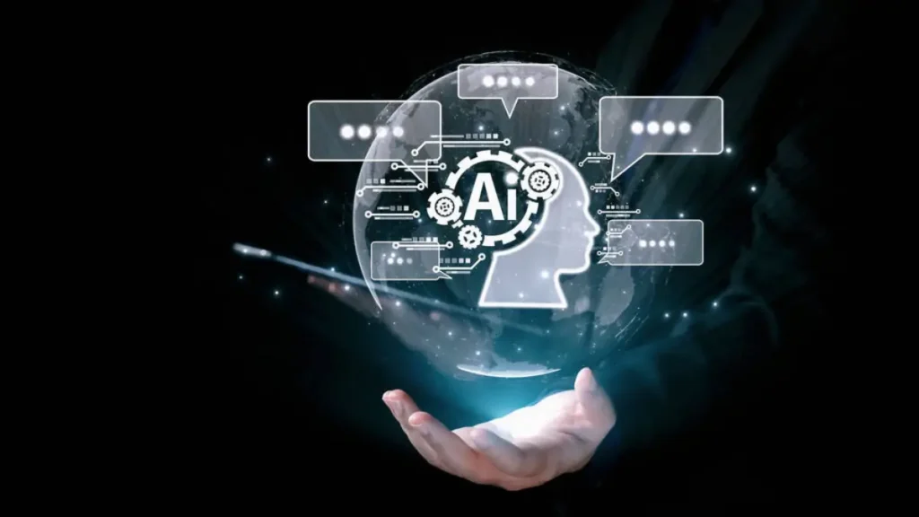 Representación de inteligencia artificial con íconos tecnológicos y cerebro digital flotando sobre una mano.
