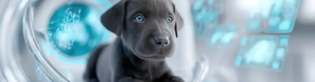 Perro cachorro negro en máquina de diagnóstico médico con pantallas digitales futuristas