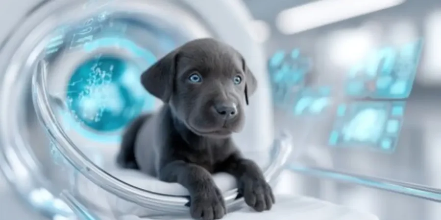 Perro cachorro negro en máquina de diagnóstico médico con pantallas digitales futuristas