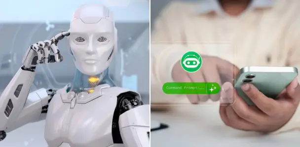 Robot de inteligencia artificial y persona usando WhatsApp para automatizar respuestas y atraer clientes en Facebook
