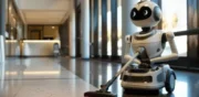 Robot de limpieza con inteligencia artificial aspirando el suelo en un edificio corporativo