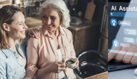 Mujer mayor y mujer joven conversando en la cocina mientras un asistente de inteligencia artificial aparece en pantalla, representando la tecnología que conecta generaciones.